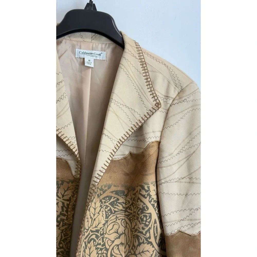 Coldwater Creek Womens Faux Suede Mixed Media Western Blazer Brown Tan Floral 14